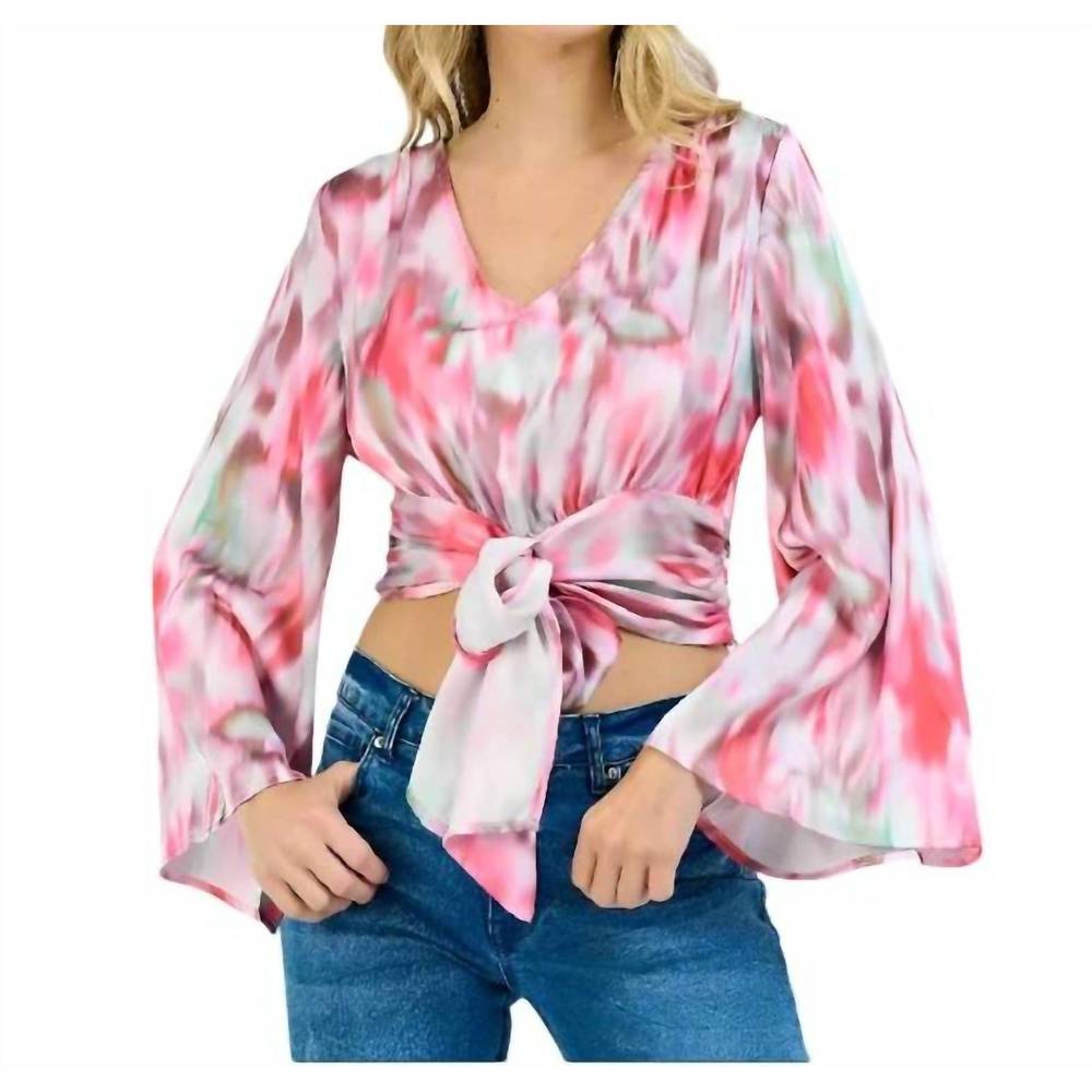 NEW LLOVE bowtie crop flare sleeve top in pink